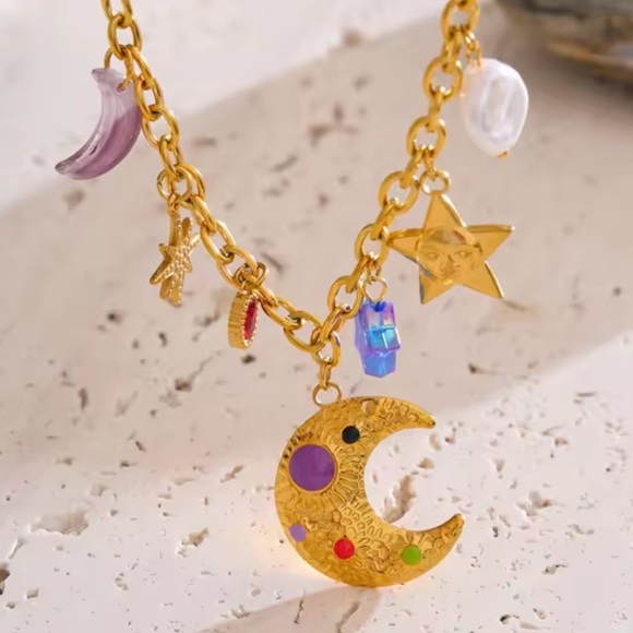 Moon Star Charms 18K Gold Stainless Steel Waterproof Necklace - Picture 5 of 12